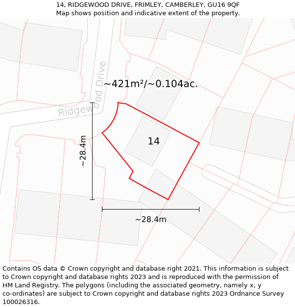 14, RIDGEWOOD DRIVE, FRIMLEY, CAMBERLEY, GU16 9QF: Plot and title map