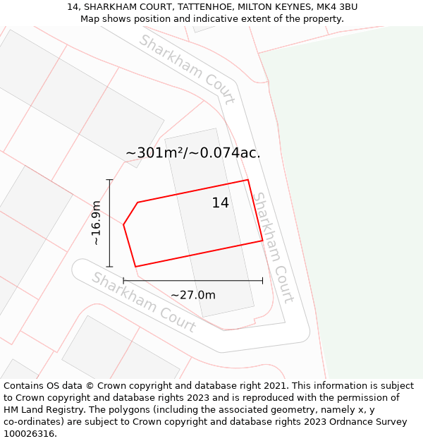 14, SHARKHAM COURT, TATTENHOE, MILTON KEYNES, MK4 3BU: Plot and title map