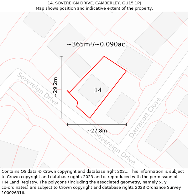 14, SOVEREIGN DRIVE, CAMBERLEY, GU15 1PJ: Plot and title map