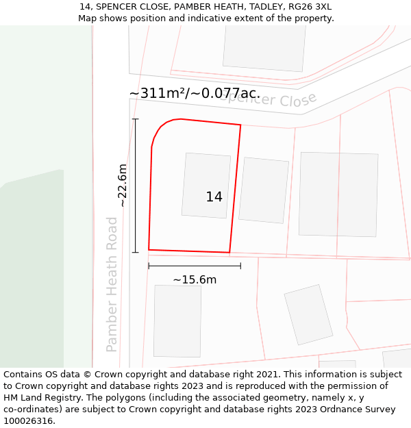 14, SPENCER CLOSE, PAMBER HEATH, TADLEY, RG26 3XL: Plot and title map