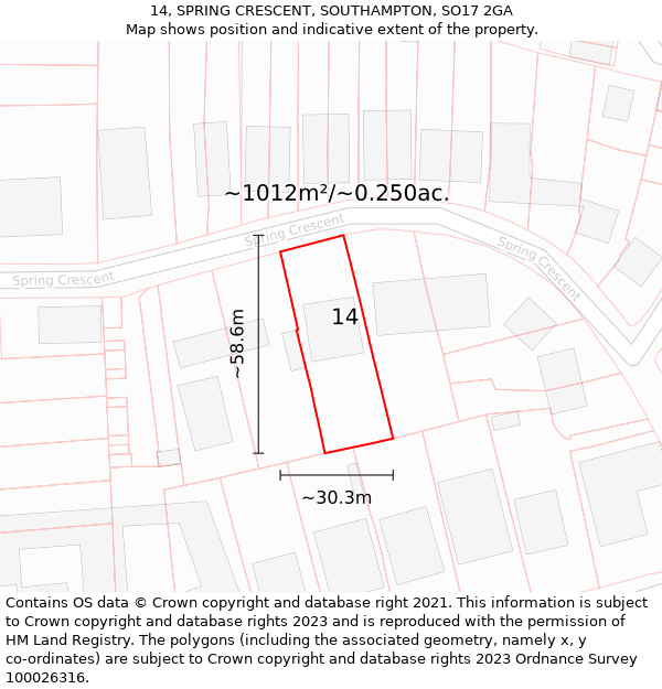 14, SPRING CRESCENT, SOUTHAMPTON, SO17 2GA: Plot and title map