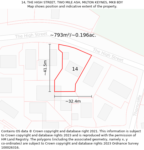 14, THE HIGH STREET, TWO MILE ASH, MILTON KEYNES, MK8 8DY: Plot and title map