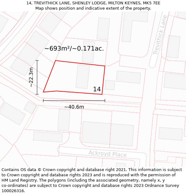 14, TREVITHICK LANE, SHENLEY LODGE, MILTON KEYNES, MK5 7EE: Plot and title map