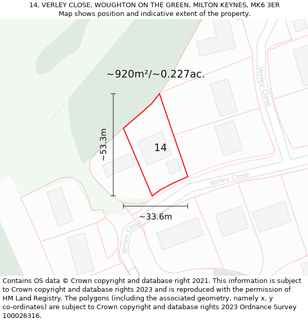 14, VERLEY CLOSE, WOUGHTON ON THE GREEN, MILTON KEYNES, MK6 3ER: Plot and title map