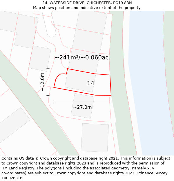 14, WATERSIDE DRIVE, CHICHESTER, PO19 8RN: Plot and title map