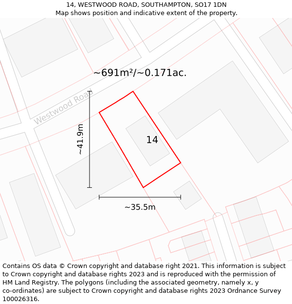 14, WESTWOOD ROAD, SOUTHAMPTON, SO17 1DN: Plot and title map