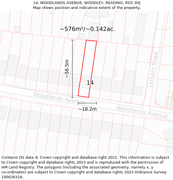 14, WOODLANDS AVENUE, WOODLEY, READING, RG5 3HJ: Plot and title map