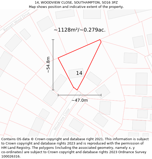 14, WOODVIEW CLOSE, SOUTHAMPTON, SO16 3PZ: Plot and title map