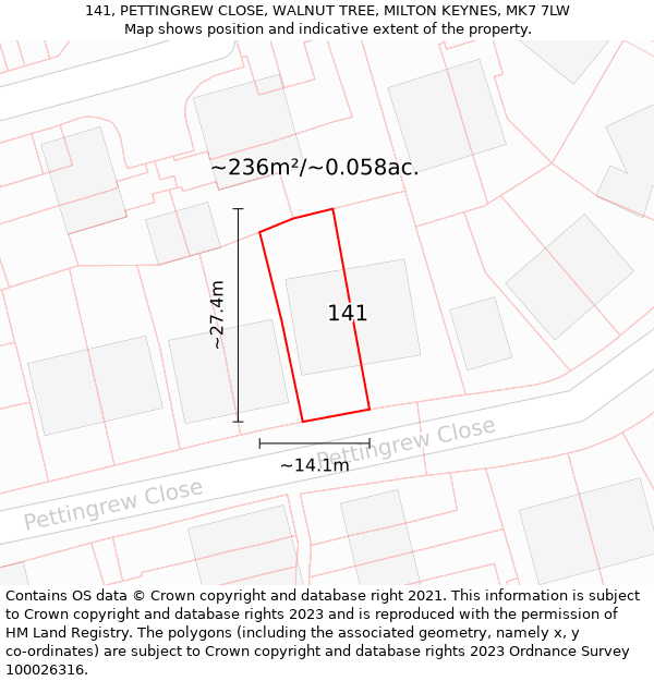 141, PETTINGREW CLOSE, WALNUT TREE, MILTON KEYNES, MK7 7LW: Plot and title map