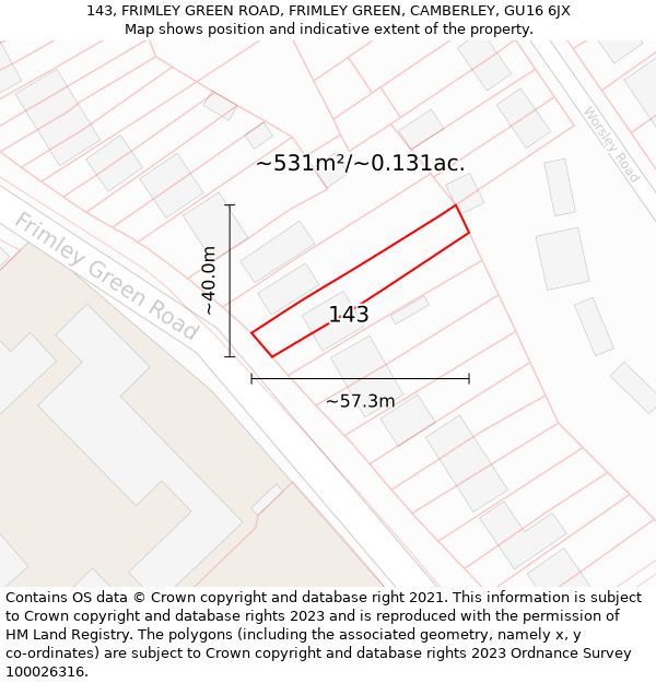143, FRIMLEY GREEN ROAD, FRIMLEY GREEN, CAMBERLEY, GU16 6JX: Plot and title map