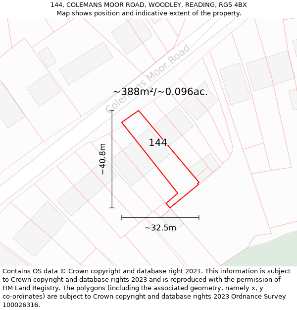 144, COLEMANS MOOR ROAD, WOODLEY, READING, RG5 4BX: Plot and title map