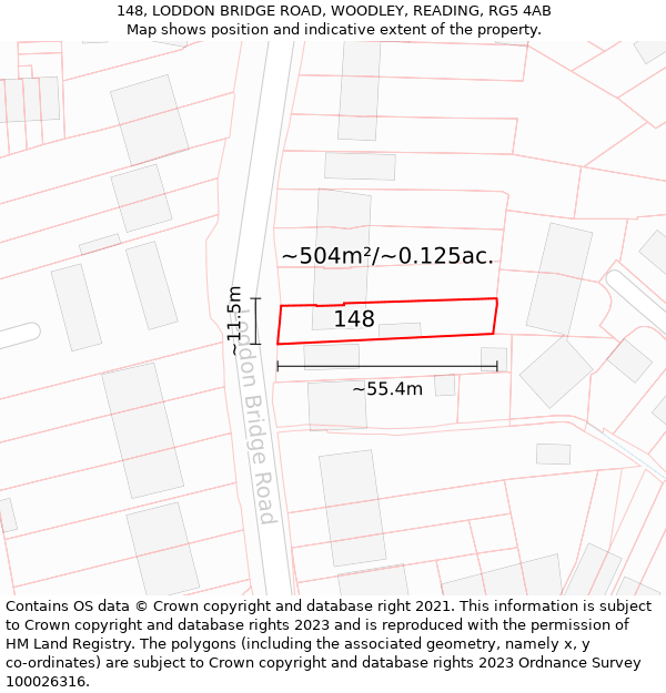 148, LODDON BRIDGE ROAD, WOODLEY, READING, RG5 4AB: Plot and title map