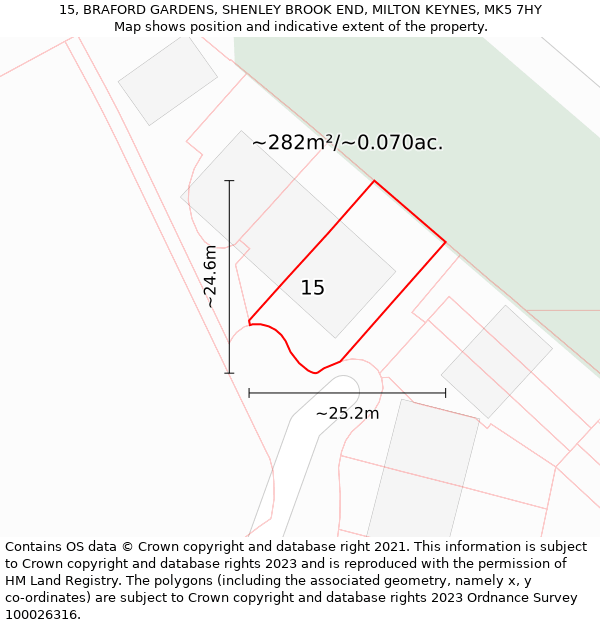 15, BRAFORD GARDENS, SHENLEY BROOK END, MILTON KEYNES, MK5 7HY: Plot and title map