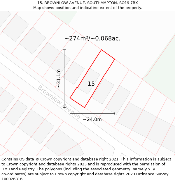 15, BROWNLOW AVENUE, SOUTHAMPTON, SO19 7BX: Plot and title map