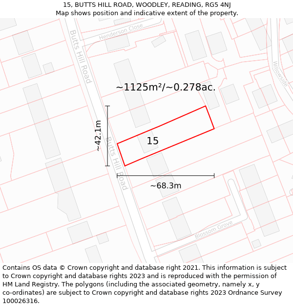 15, BUTTS HILL ROAD, WOODLEY, READING, RG5 4NJ: Plot and title map