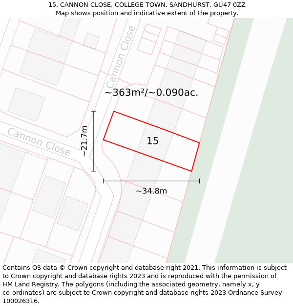 15, CANNON CLOSE, COLLEGE TOWN, SANDHURST, GU47 0ZZ: Plot and title map