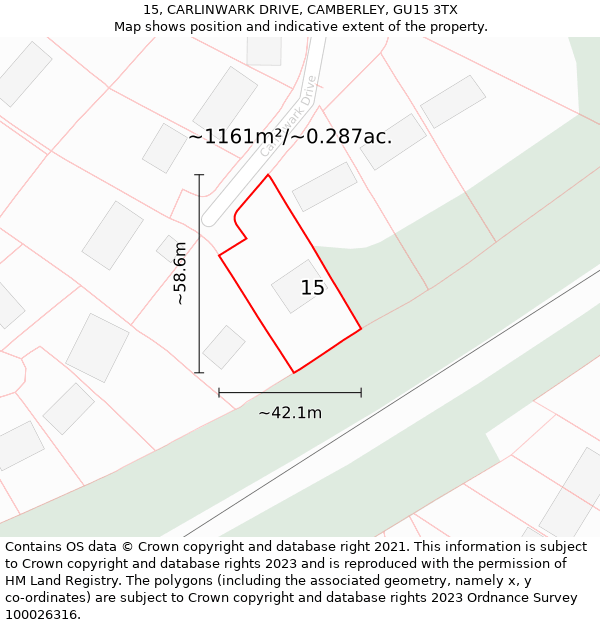 15, CARLINWARK DRIVE, CAMBERLEY, GU15 3TX: Plot and title map