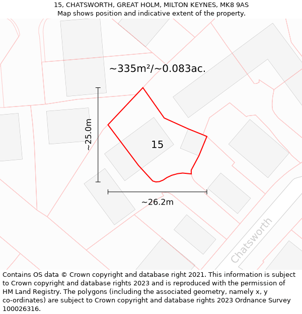 15, CHATSWORTH, GREAT HOLM, MILTON KEYNES, MK8 9AS: Plot and title map