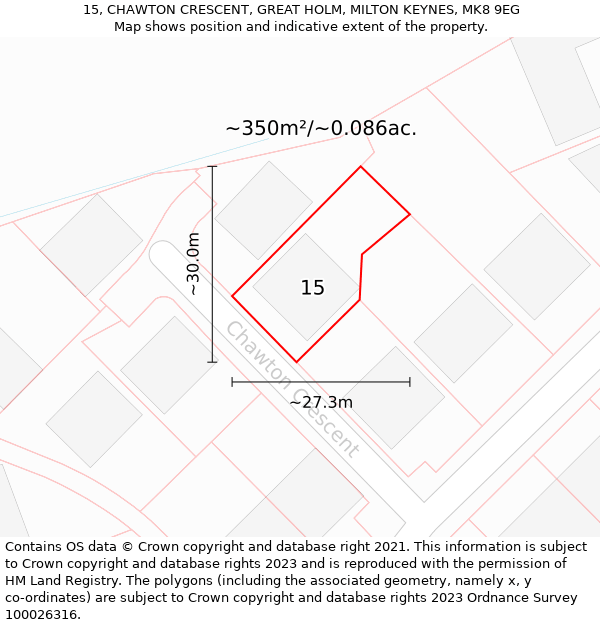 15, CHAWTON CRESCENT, GREAT HOLM, MILTON KEYNES, MK8 9EG: Plot and title map