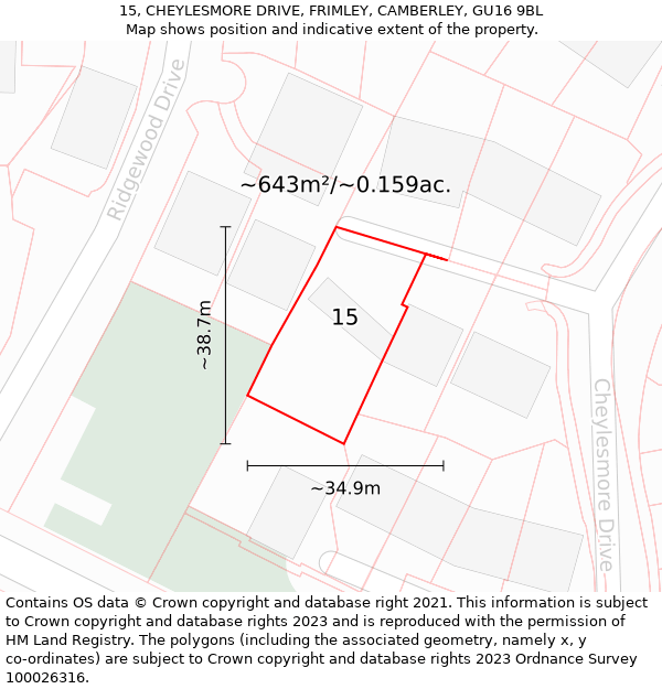 15, CHEYLESMORE DRIVE, FRIMLEY, CAMBERLEY, GU16 9BL: Plot and title map