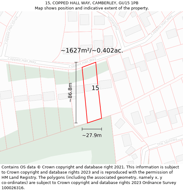 15, COPPED HALL WAY, CAMBERLEY, GU15 1PB: Plot and title map