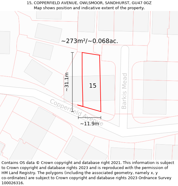 15, COPPERFIELD AVENUE, OWLSMOOR, SANDHURST, GU47 0GZ: Plot and title map