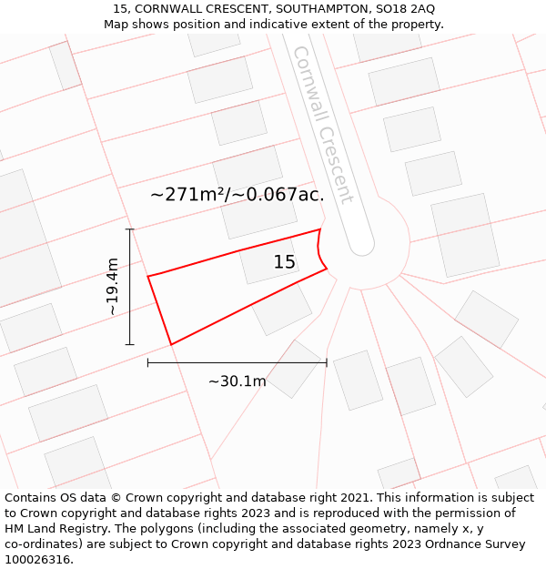 15, CORNWALL CRESCENT, SOUTHAMPTON, SO18 2AQ: Plot and title map