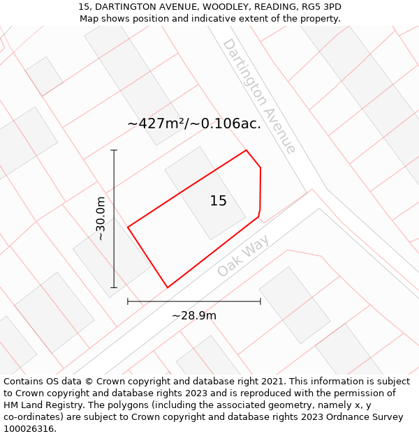 15, DARTINGTON AVENUE, WOODLEY, READING, RG5 3PD: Plot and title map