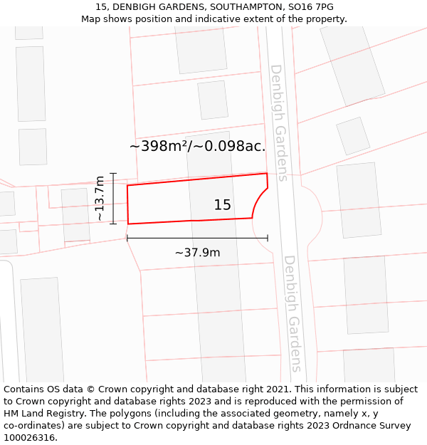 15, DENBIGH GARDENS, SOUTHAMPTON, SO16 7PG: Plot and title map