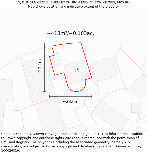 15, DUNCAN GROVE, SHENLEY CHURCH END, MILTON KEYNES, MK5 6HL: Plot and title map