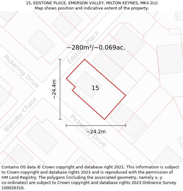 15, EDSTONE PLACE, EMERSON VALLEY, MILTON KEYNES, MK4 2LU: Plot and title map