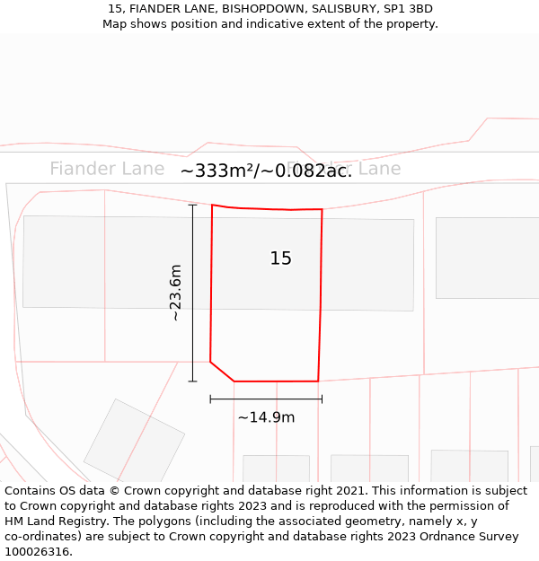 15, FIANDER LANE, BISHOPDOWN, SALISBURY, SP1 3BD: Plot and title map