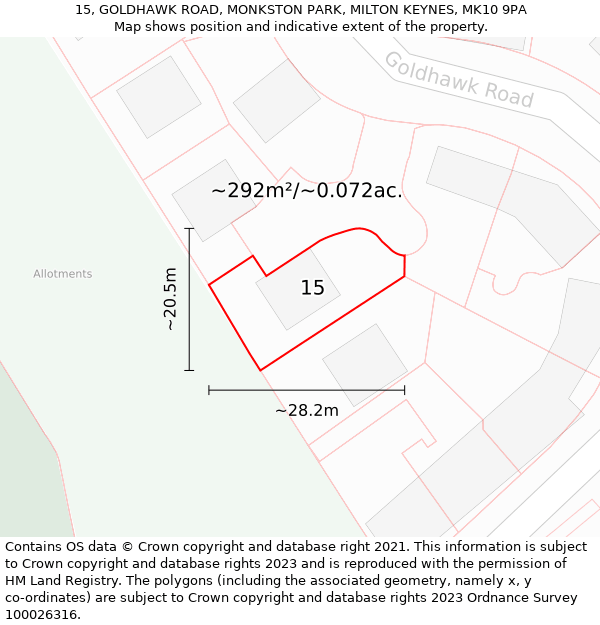 15, GOLDHAWK ROAD, MONKSTON PARK, MILTON KEYNES, MK10 9PA: Plot and title map