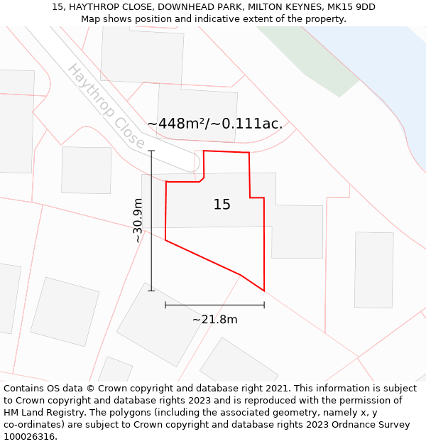 15, HAYTHROP CLOSE, DOWNHEAD PARK, MILTON KEYNES, MK15 9DD: Plot and title map