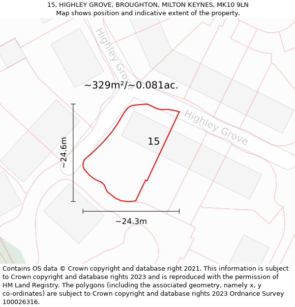 15, HIGHLEY GROVE, BROUGHTON, MILTON KEYNES, MK10 9LN: Plot and title map