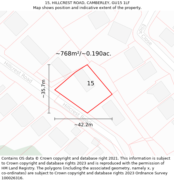 15, HILLCREST ROAD, CAMBERLEY, GU15 1LF: Plot and title map