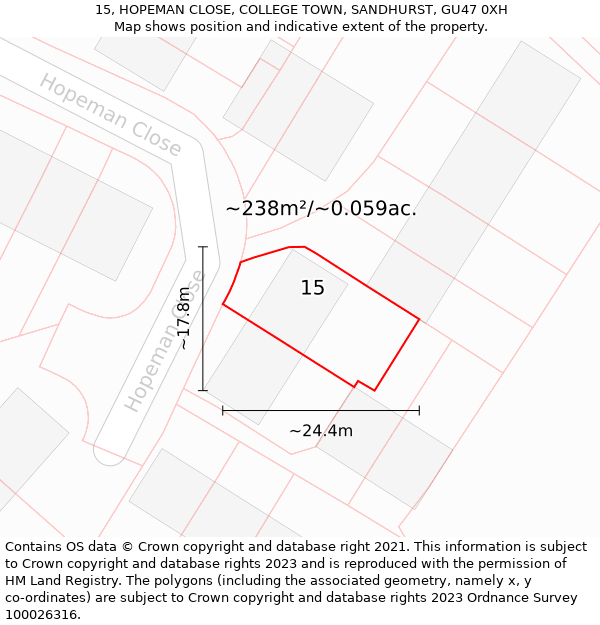 15, HOPEMAN CLOSE, COLLEGE TOWN, SANDHURST, GU47 0XH: Plot and title map