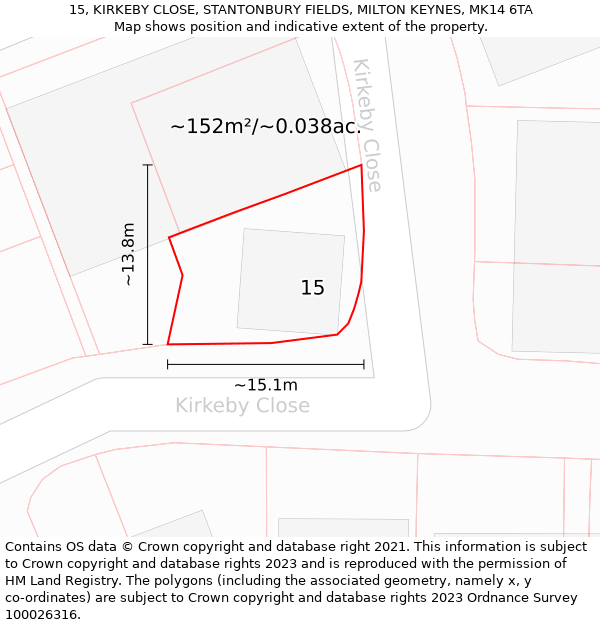 15, KIRKEBY CLOSE, STANTONBURY FIELDS, MILTON KEYNES, MK14 6TA: Plot and title map