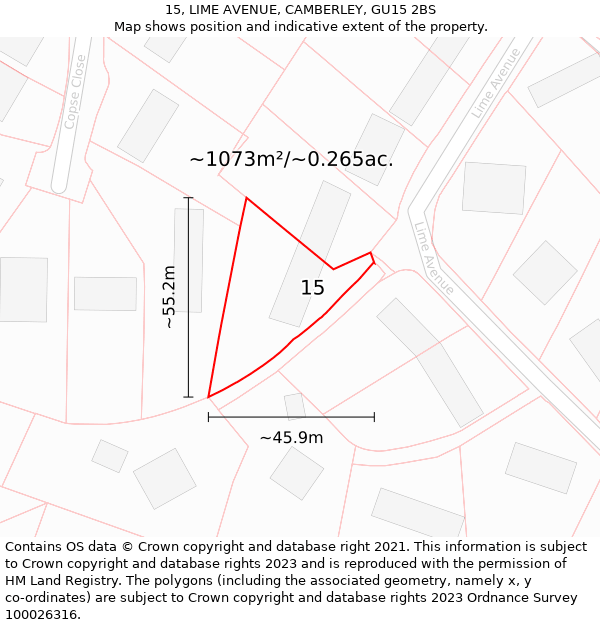 15, LIME AVENUE, CAMBERLEY, GU15 2BS: Plot and title map