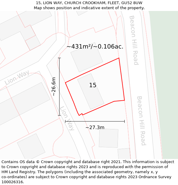 15, LION WAY, CHURCH CROOKHAM, FLEET, GU52 8UW: Plot and title map