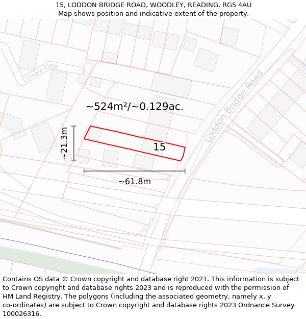 15, LODDON BRIDGE ROAD, WOODLEY, READING, RG5 4AU: Plot and title map