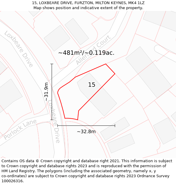 15, LOXBEARE DRIVE, FURZTON, MILTON KEYNES, MK4 1LZ: Plot and title map