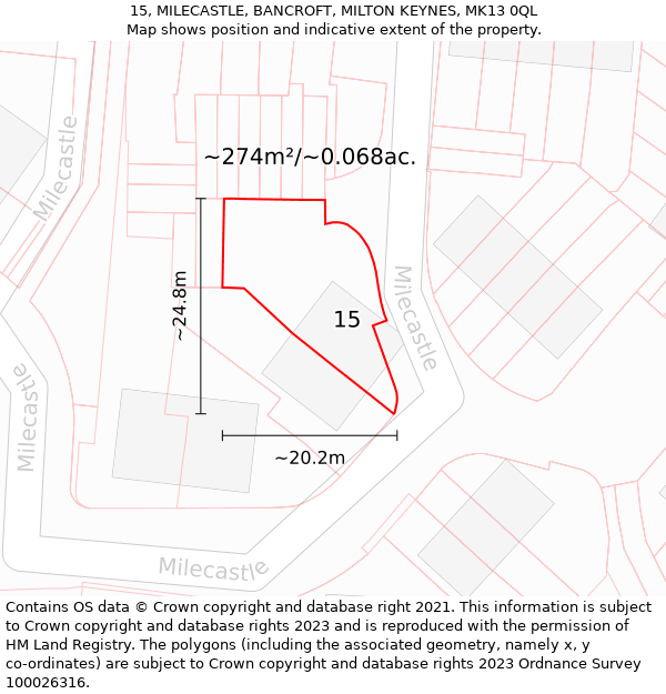 15, MILECASTLE, BANCROFT, MILTON KEYNES, MK13 0QL: Plot and title map