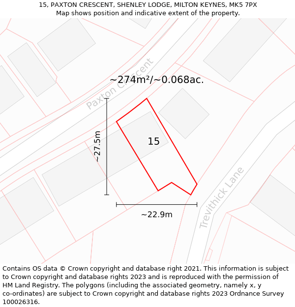 15, PAXTON CRESCENT, SHENLEY LODGE, MILTON KEYNES, MK5 7PX: Plot and title map