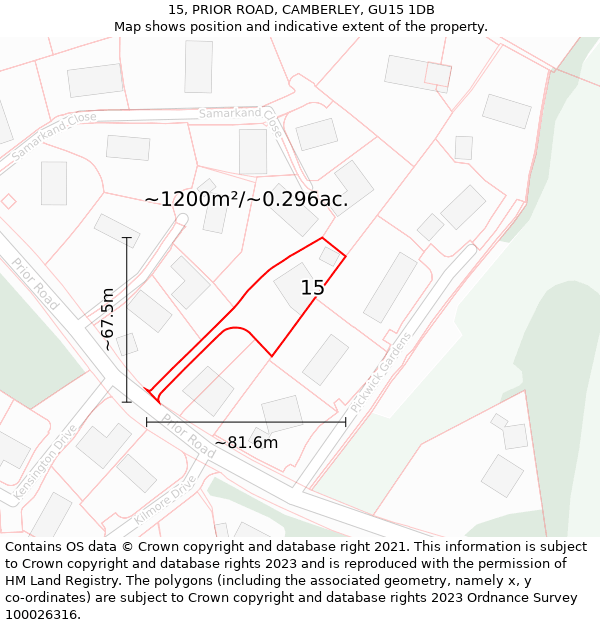 15, PRIOR ROAD, CAMBERLEY, GU15 1DB: Plot and title map