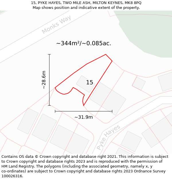 15, PYKE HAYES, TWO MILE ASH, MILTON KEYNES, MK8 8PQ: Plot and title map