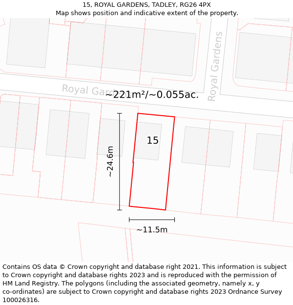 15, ROYAL GARDENS, TADLEY, RG26 4PX: Plot and title map