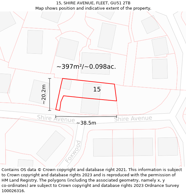 15, SHIRE AVENUE, FLEET, GU51 2TB: Plot and title map