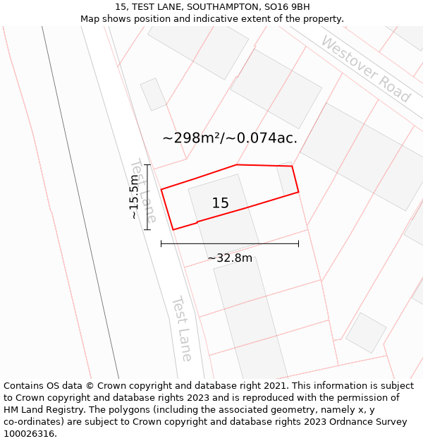 15, TEST LANE, SOUTHAMPTON, SO16 9BH: Plot and title map