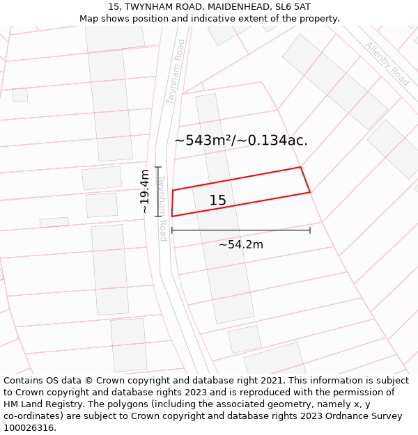 15, TWYNHAM ROAD, MAIDENHEAD, SL6 5AT: Plot and title map